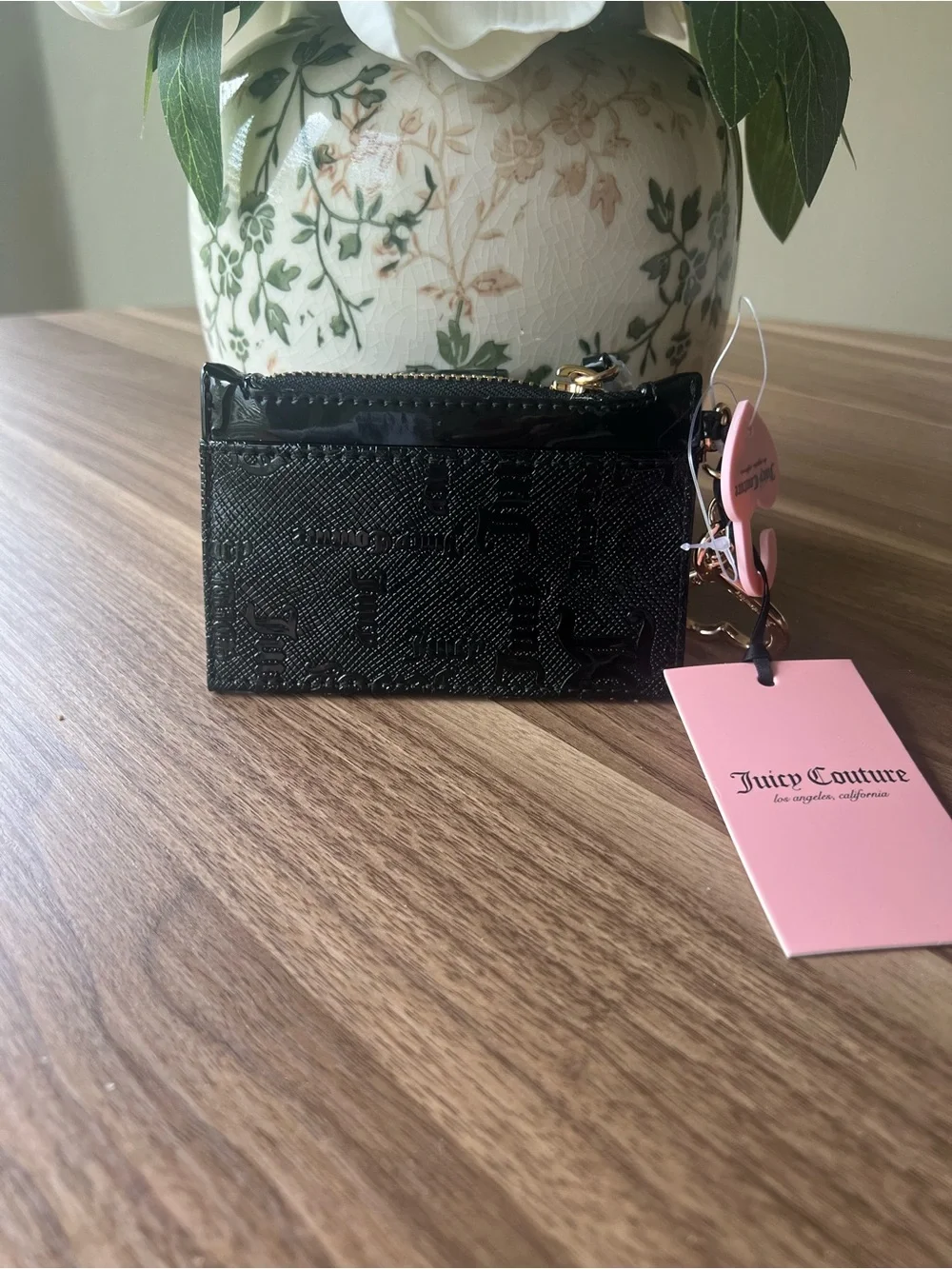 Juicy Couture Black Patent Logo Card Holder with Pink Charm